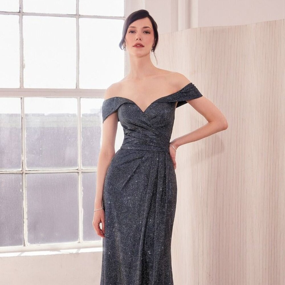 New Off Shoulder Sheath Glitter Dress w/ Leg Slit & Mid-Open Zipper Back CD T605